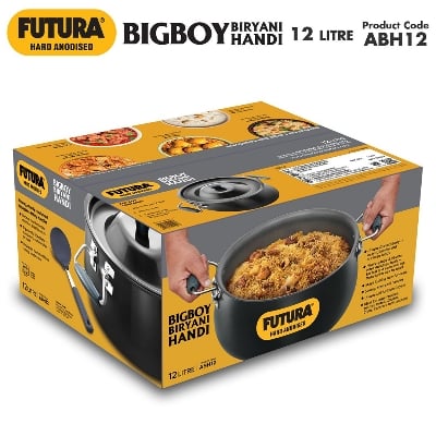 Picture of Hawkins Futura 12 Litre Bigboy Biryani Handi, Polished Hard Anodised Pot with Hard Anodised Lid, Sauce Pan for Cooking and Serving Biriyani
